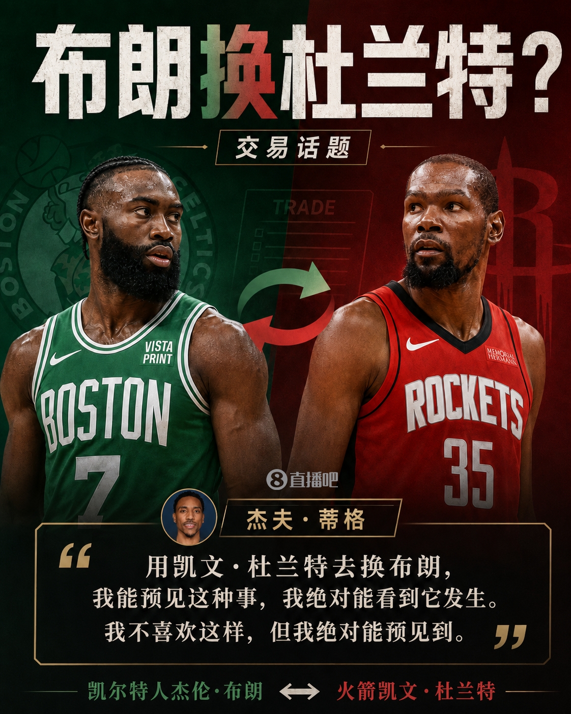 KOK体育官方网站-29岁换37岁？蒂格：我能预见KD与杰伦·布朗互换 这绝对有可能
